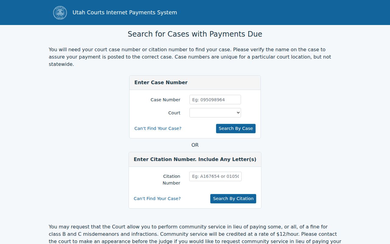 Utah citation payment page for a Rich County traffic warrant case