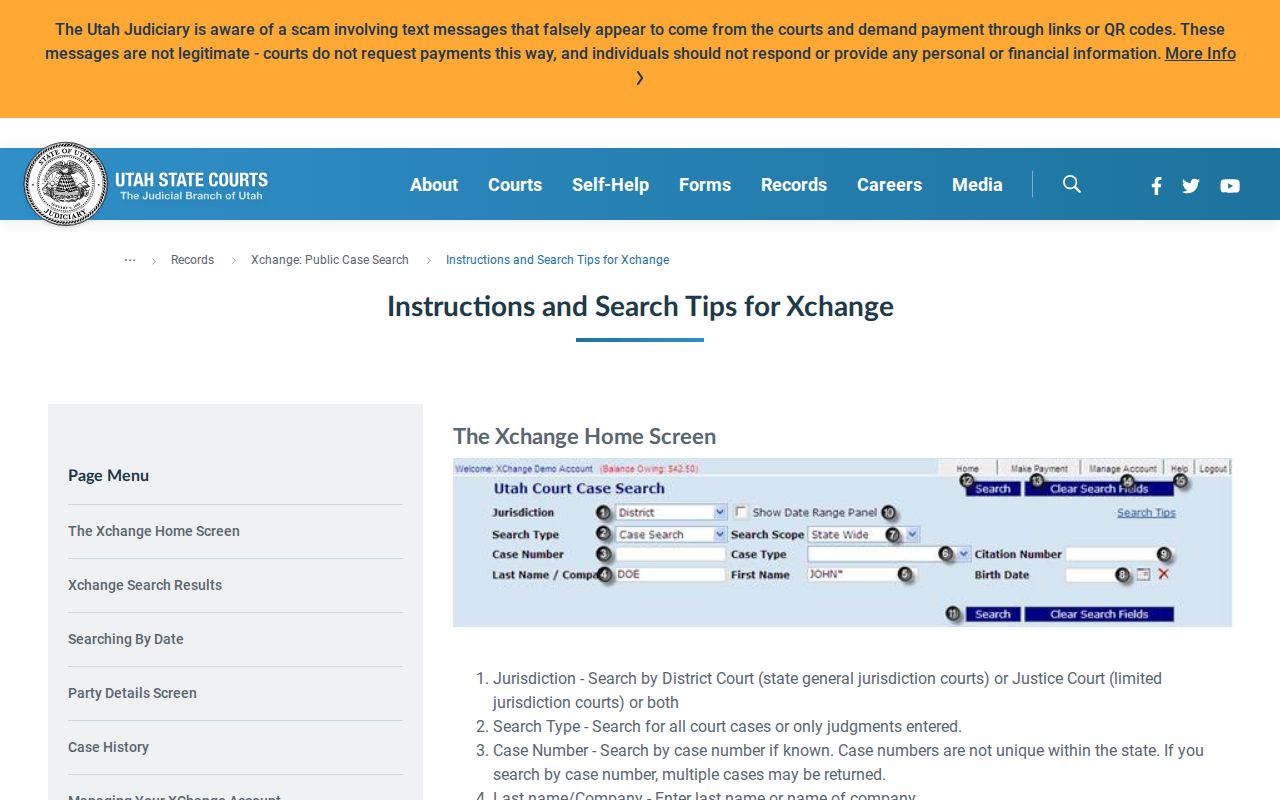Utah XChange controls for a Rich County warrant case lookup
