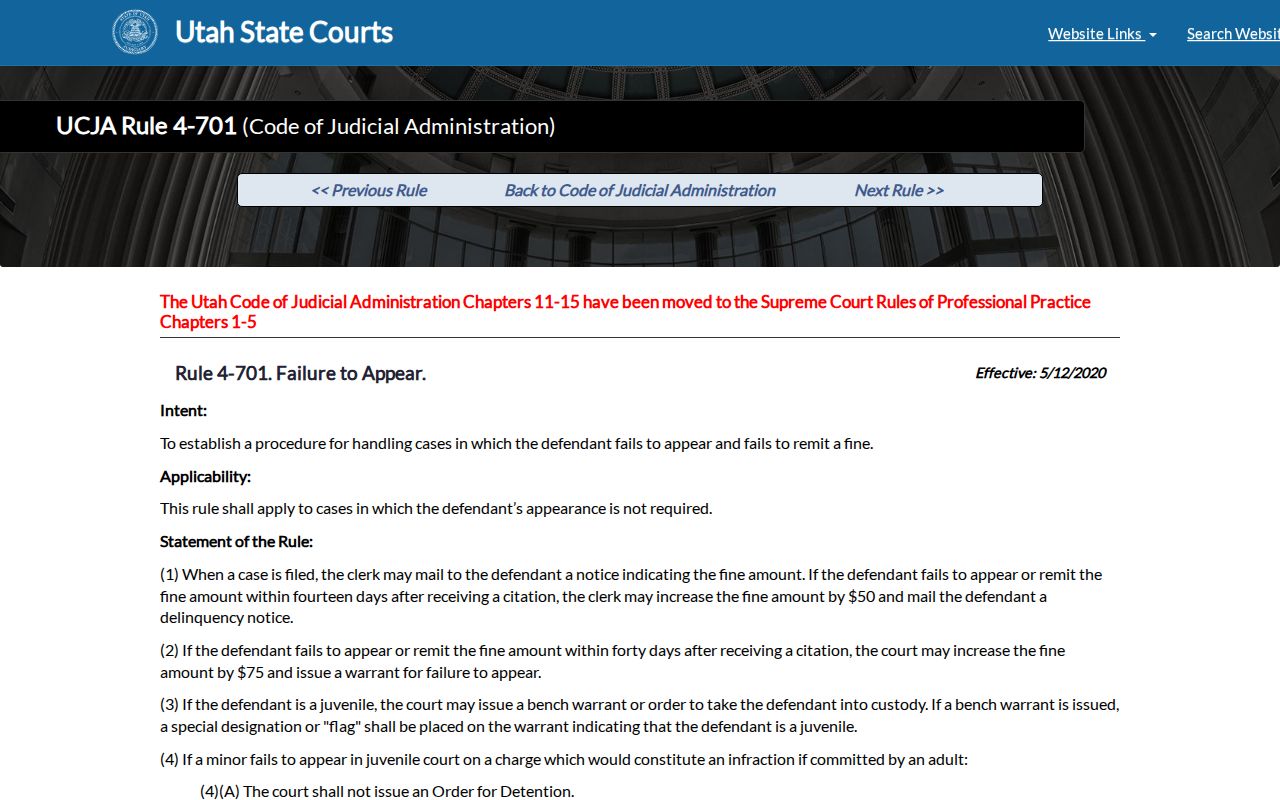 Utah failure-to-appear timing rules for Rich County bench warrants