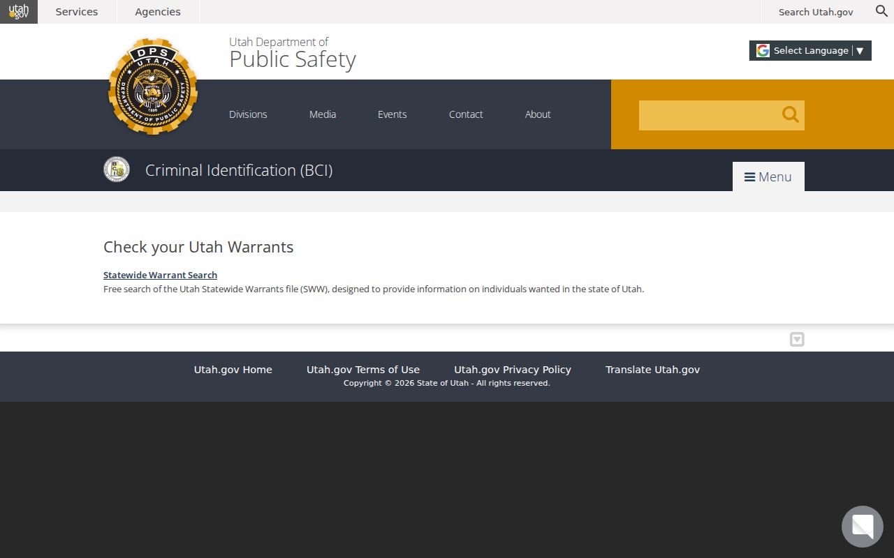 BCI information for a Rich County active-warrant self-check