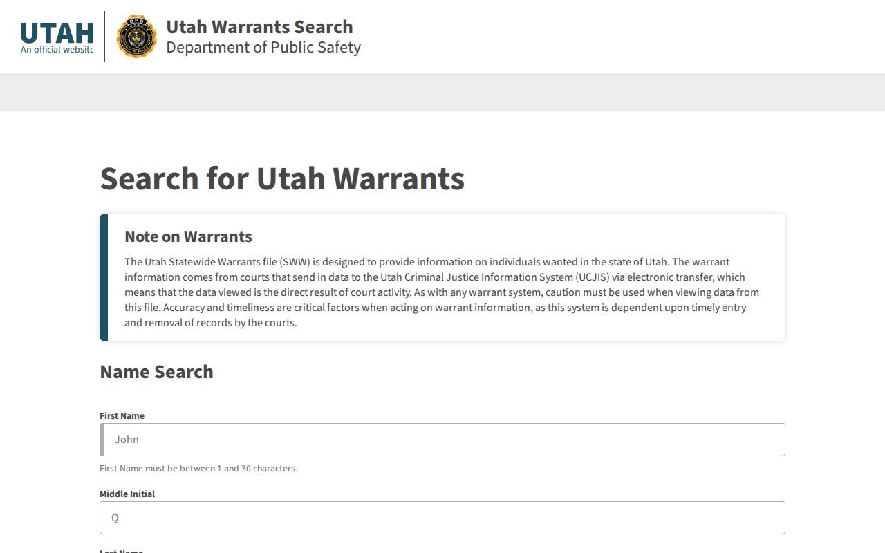 Utah public warrant search form used for a Rich County warrant check
